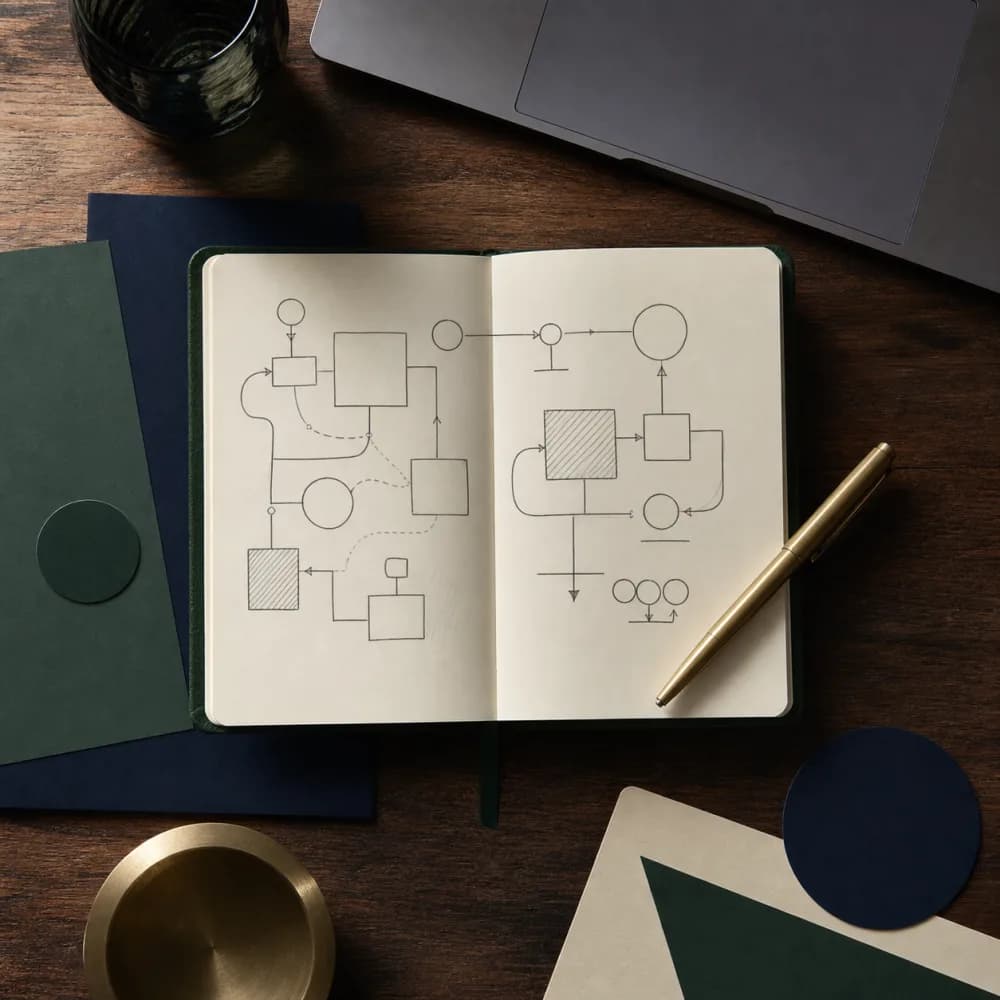 Fictional Atlas Field Notes social post showing an abstract process sketch on a desk