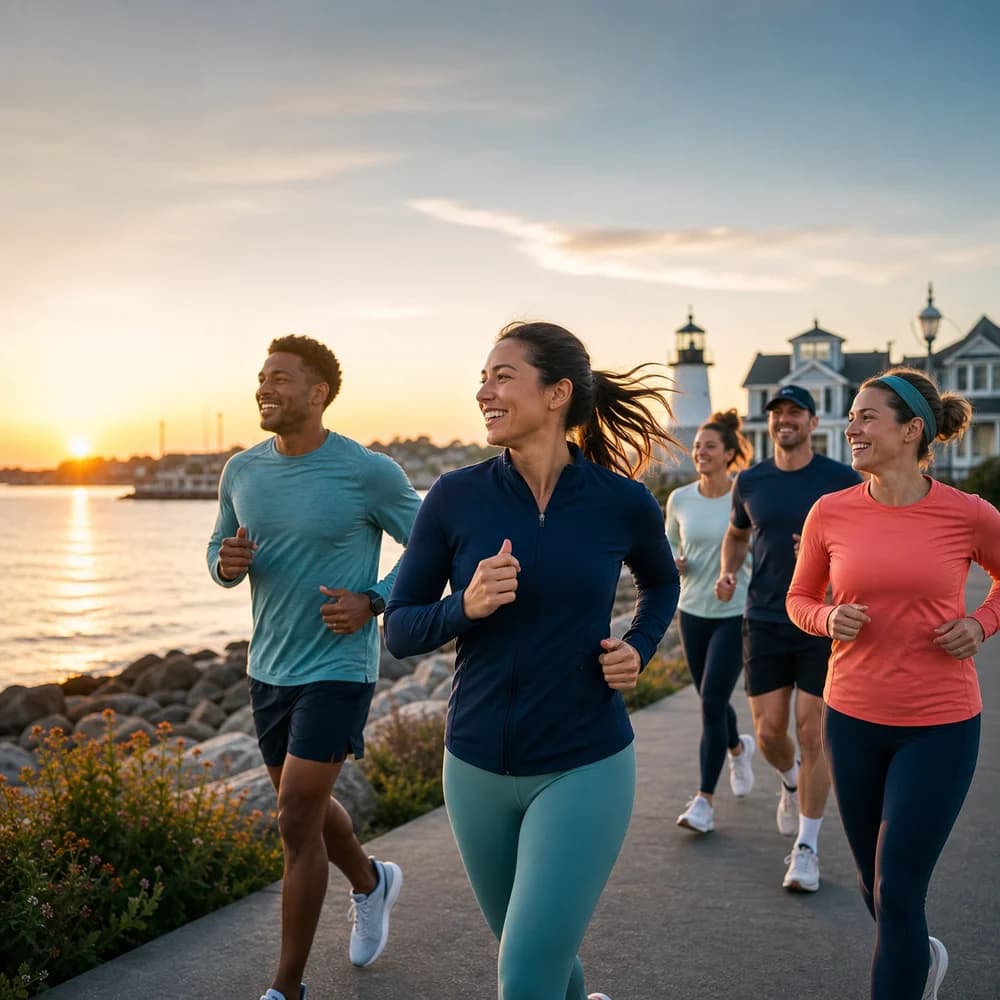 Fictional Harbor Run Club social post showing a community run at sunrise