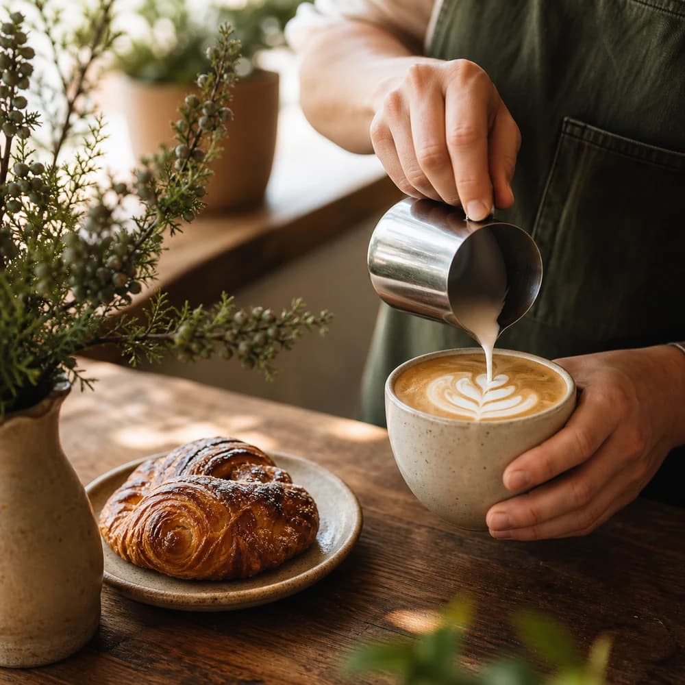 Fictional Juniper and Oak Café social post showing latte art and a pastry