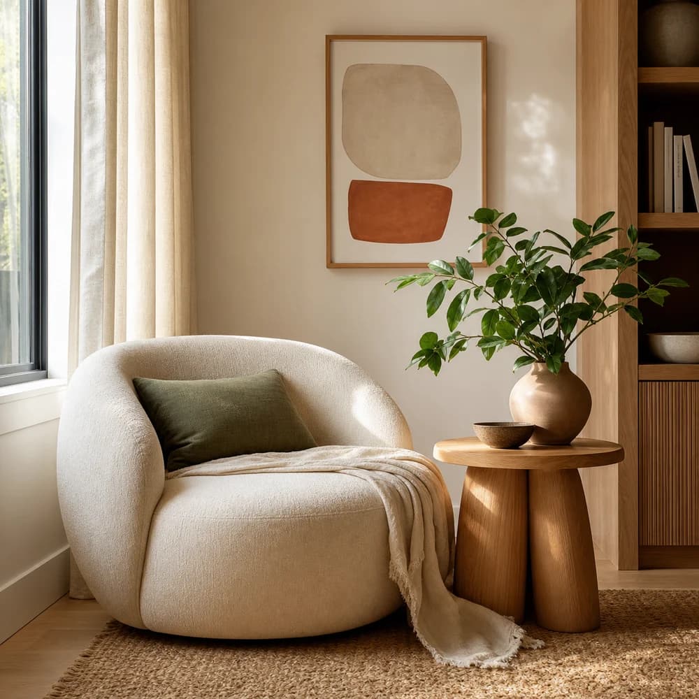 Fictional Northline Home Studio social post showing a calm styled reading corner