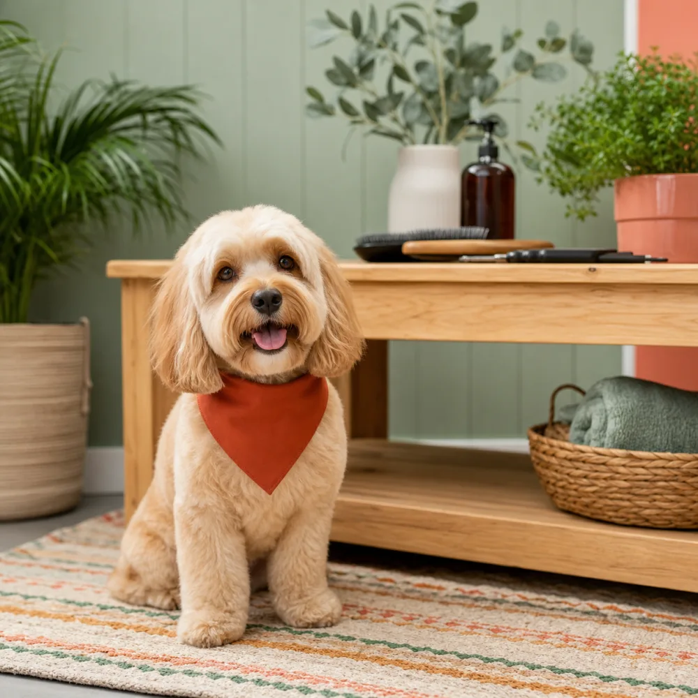 Fictional Paw and Pine Grooming social post showing a groomed dog in a neighborhood studio