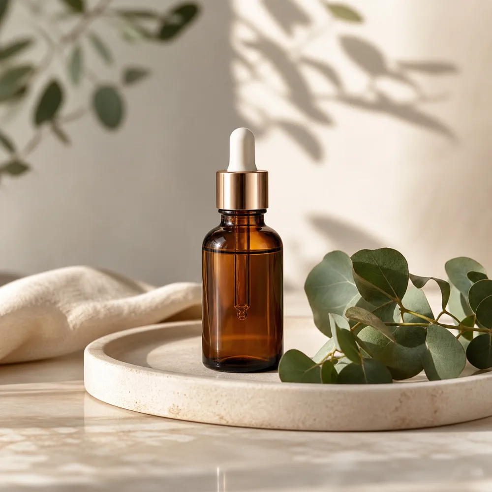 Fictional Solace Skin Company social post showing an amber serum bottle with eucalyptus