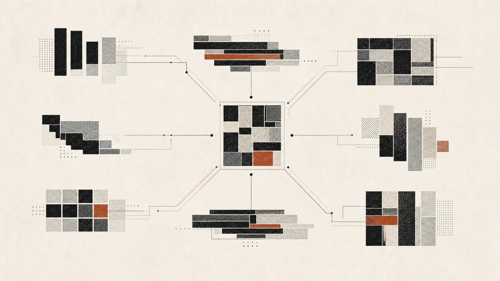 Abstract editorial field of eight distinct creative systems arranged around a shared workflow