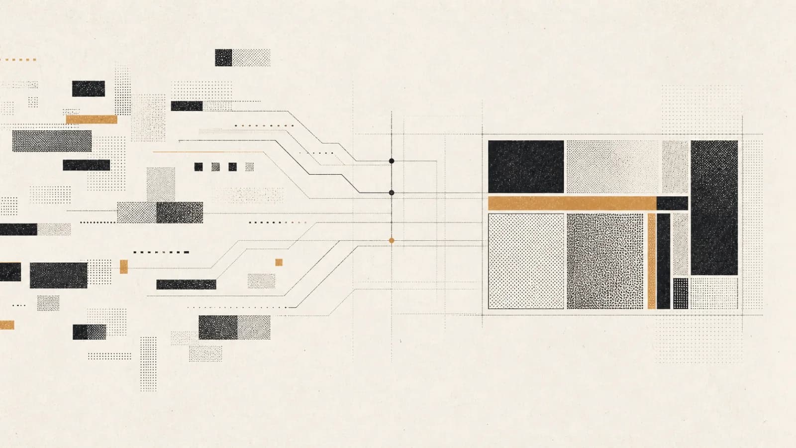 Abstract editorial composition of brand components resolving into a structured design canvas