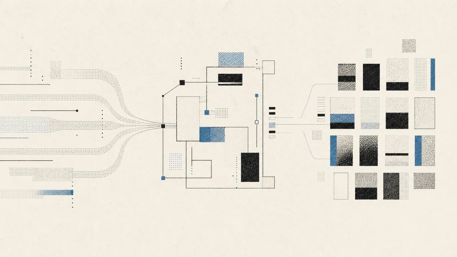Abstract editorial composition moving from a conversational signal through a canvas into a field of creative options