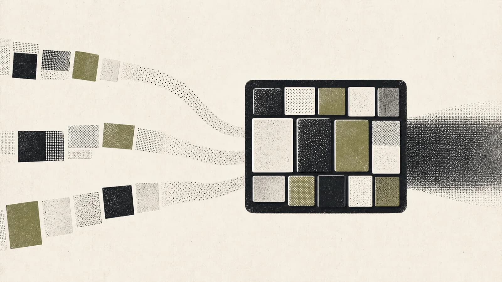 Abstract content cards gathering from separate streams into one retained collection