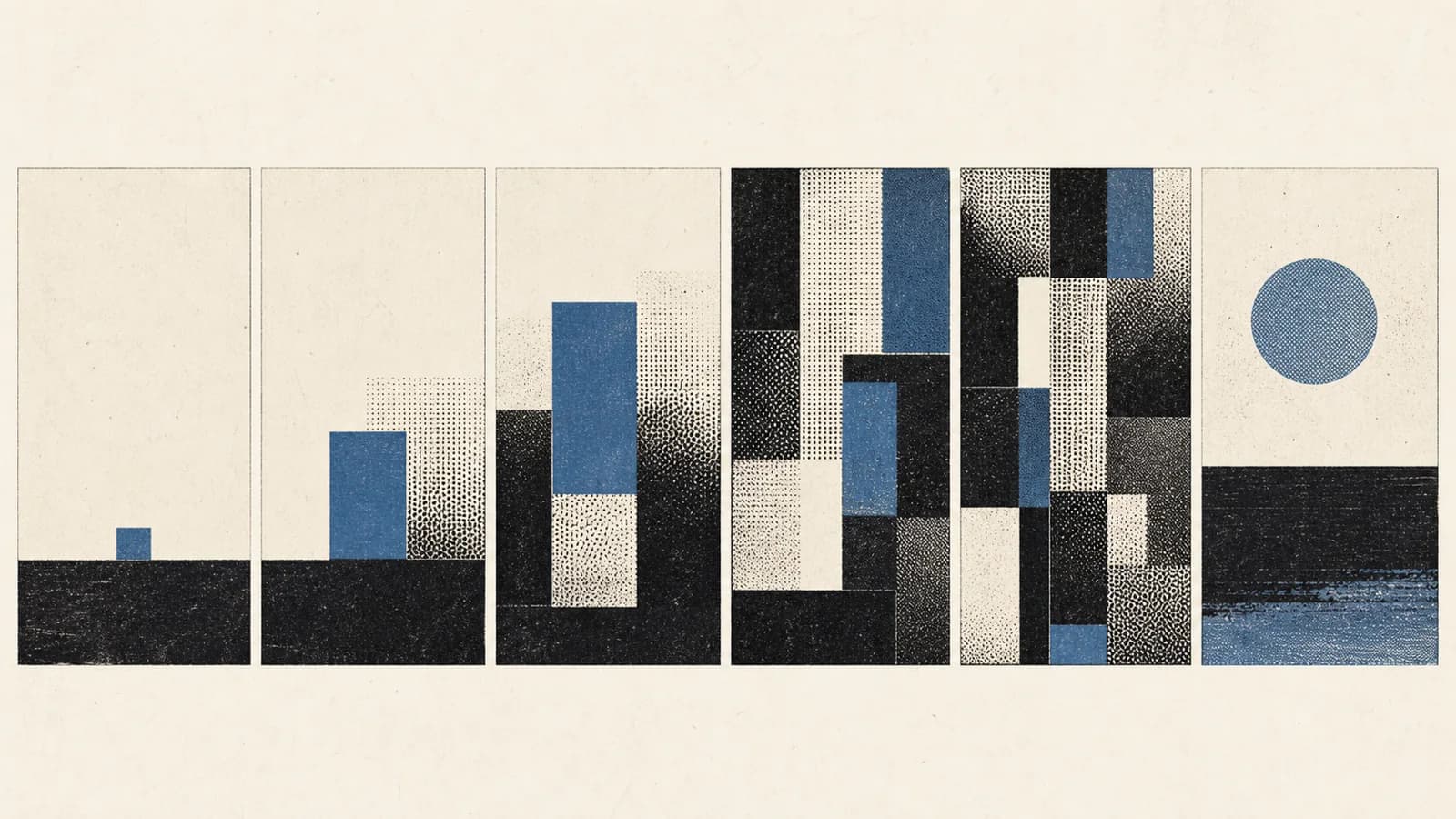 Abstract sequence of connected editorial panels forming a visual story