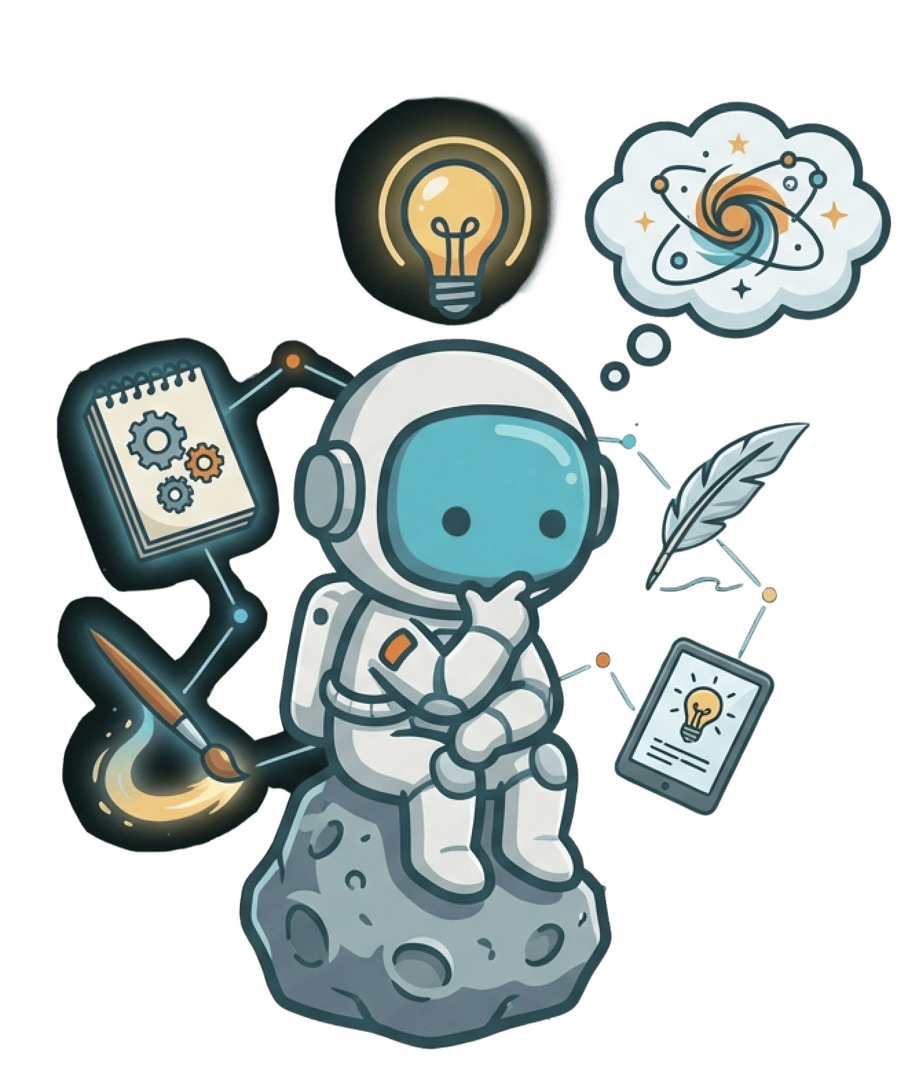 Astronaut mascot surrounded by on-brand social media post ideas