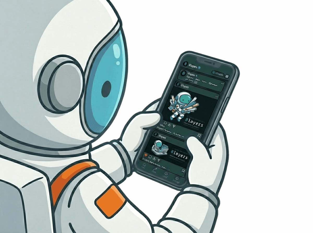 0layers mascot browsing a finished social media feed
