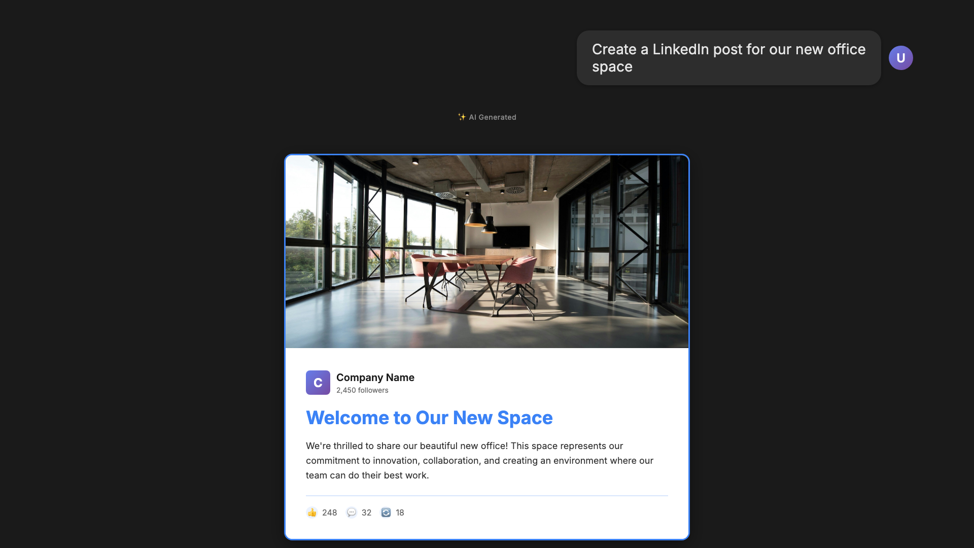 Conversational interface creating a LinkedIn post from a simple message