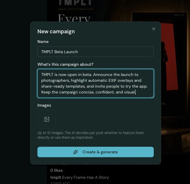 A new TMPLT campaign with a concise brief announcing the app's beta launch