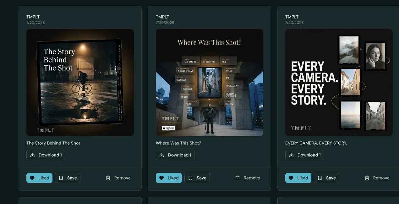 Three retained TMPLT posts collected in My Library with download, like, save, and remove controls